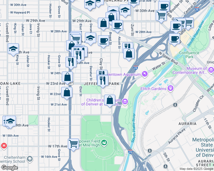 map of restaurants, bars, coffee shops, grocery stores, and more near 2607 West 23rd Avenue in Denver