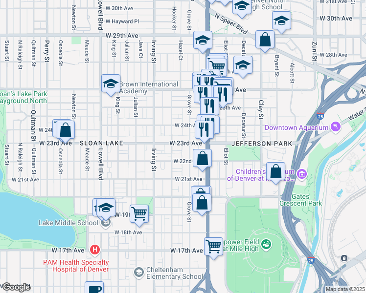 map of restaurants, bars, coffee shops, grocery stores, and more near 3107 West 23rd Avenue in Denver