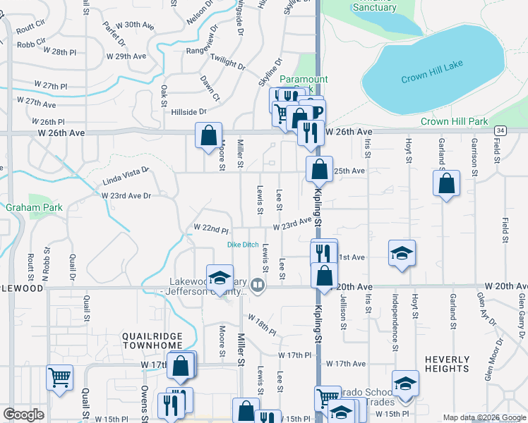 map of restaurants, bars, coffee shops, grocery stores, and more near 2445 Lee Street in Lakewood