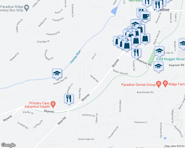 map of restaurants, bars, coffee shops, grocery stores, and more near 5616 Jewell Road in Paradise