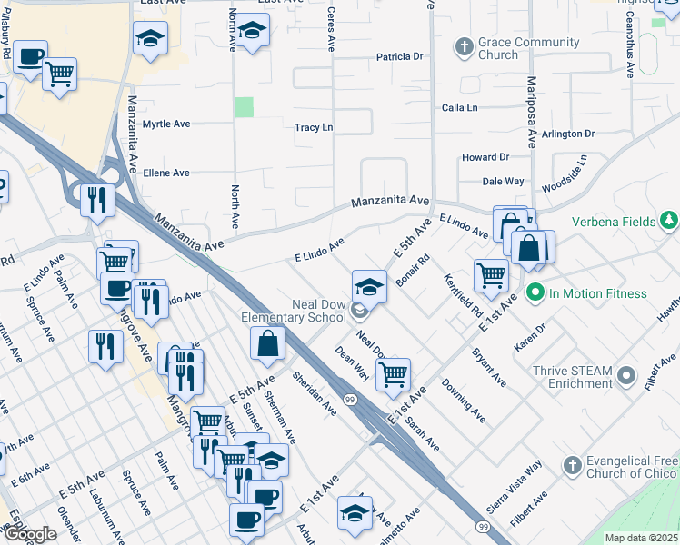 map of restaurants, bars, coffee shops, grocery stores, and more near 1537 Manchester Road in Chico