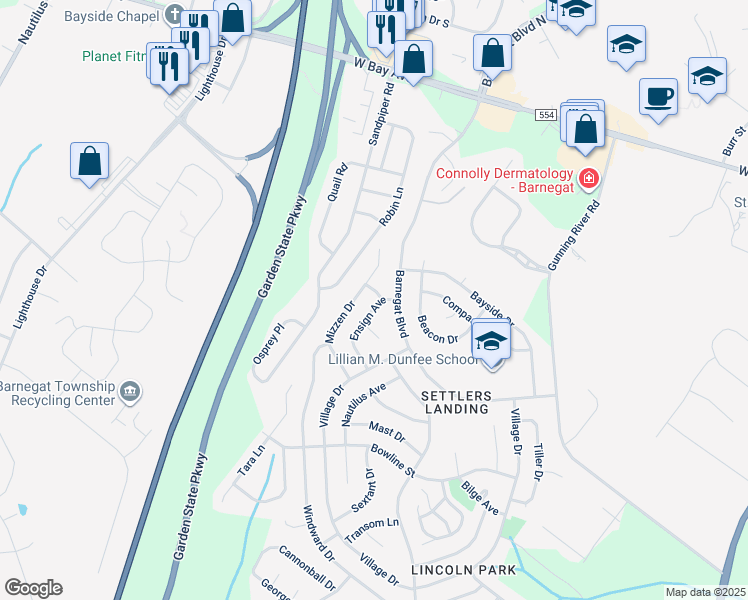 map of restaurants, bars, coffee shops, grocery stores, and more near 41 Mizzen Drive in Barnegat Township