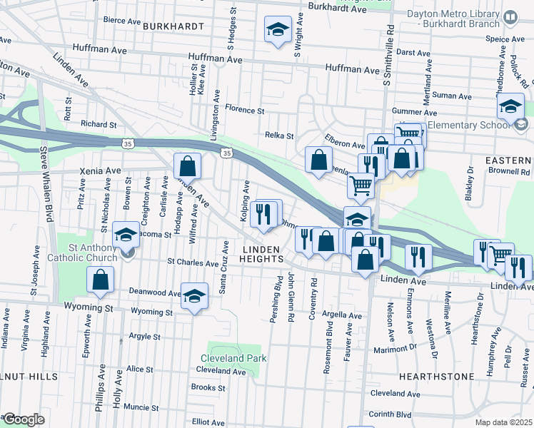 map of restaurants, bars, coffee shops, grocery stores, and more near 1350 Jordan Avenue in Dayton