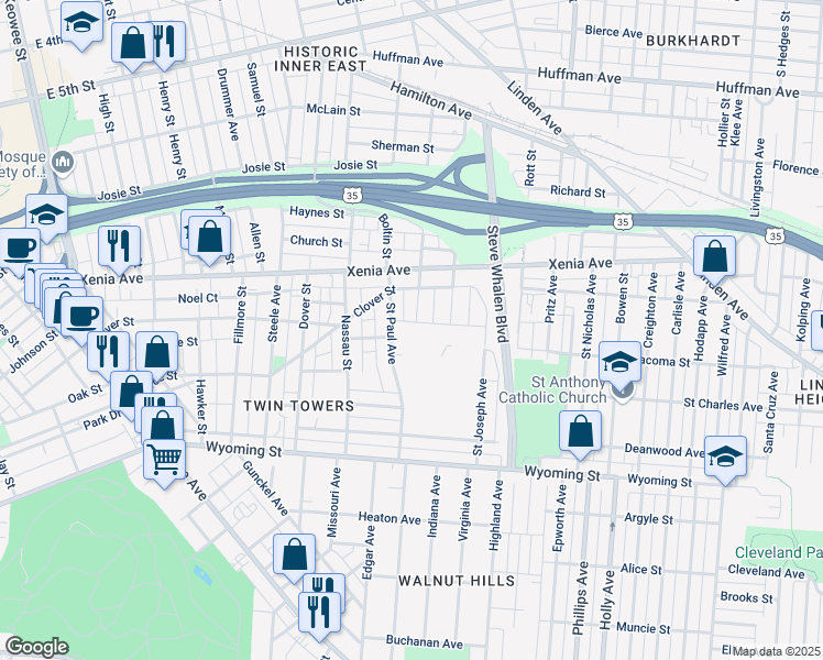 map of restaurants, bars, coffee shops, grocery stores, and more near 626 Hulbert Street in Dayton