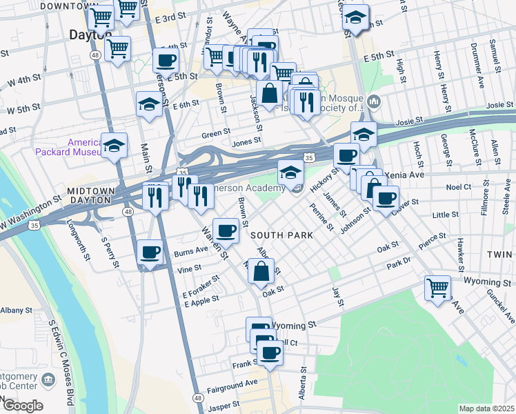 map of restaurants, bars, coffee shops, grocery stores, and more near 415 Burns Avenue in Dayton