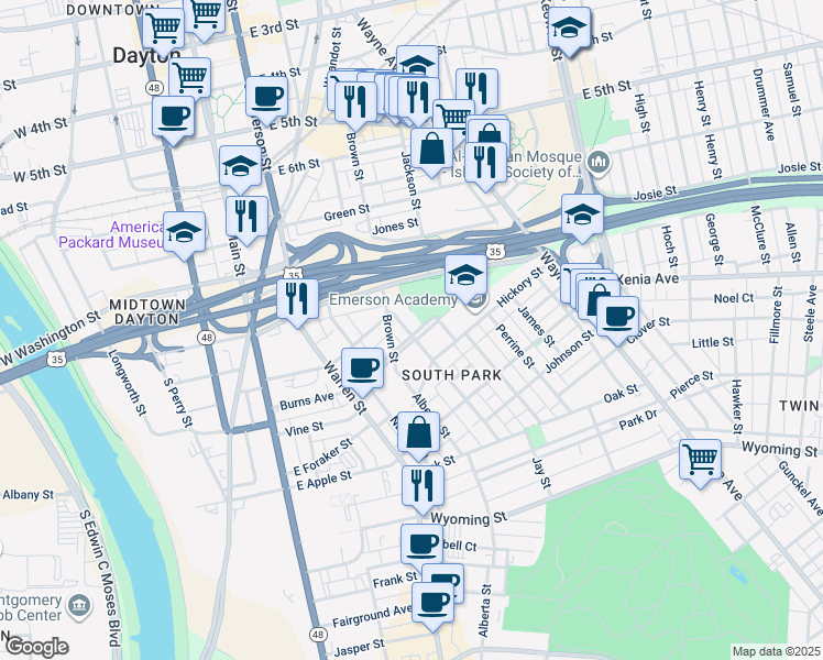 map of restaurants, bars, coffee shops, grocery stores, and more near 415 Burns Avenue in Dayton
