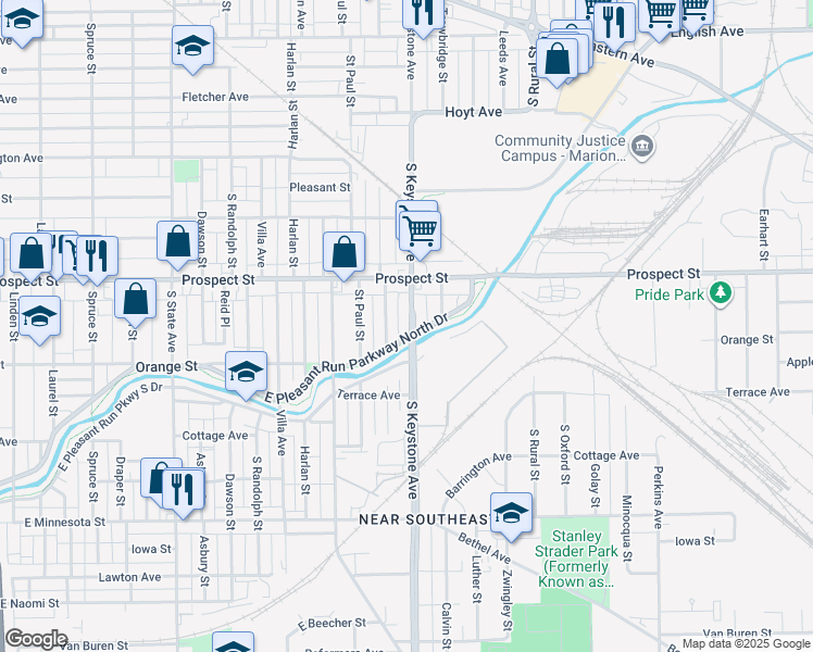 map of restaurants, bars, coffee shops, grocery stores, and more near 1135 South Keystone Avenue in Indianapolis