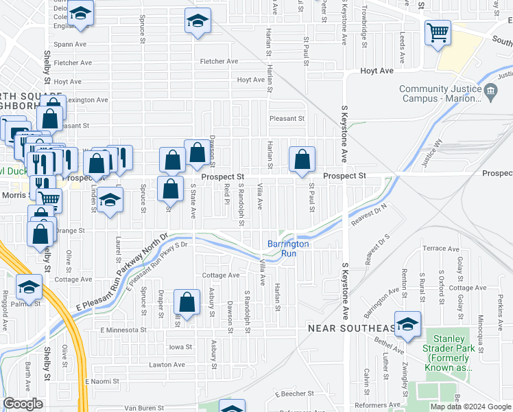 map of restaurants, bars, coffee shops, grocery stores, and more near 1136 Villa Avenue in Indianapolis