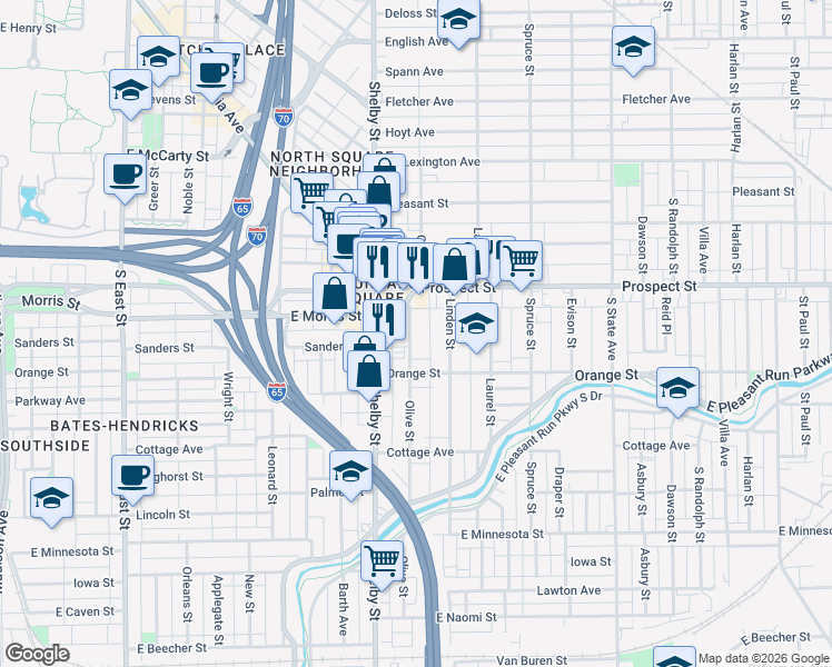 map of restaurants, bars, coffee shops, grocery stores, and more near 1123 Olive Street in Indianapolis