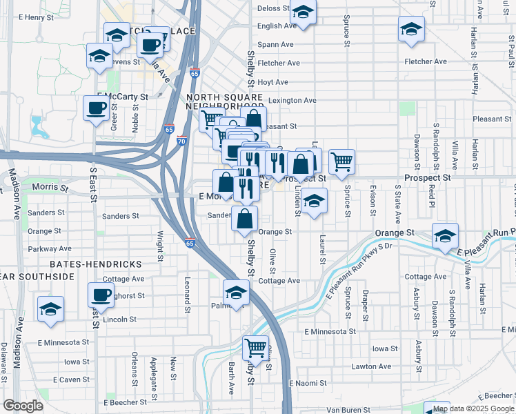 map of restaurants, bars, coffee shops, grocery stores, and more near 1130 Olive Street in Indianapolis