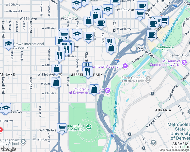 map of restaurants, bars, coffee shops, grocery stores, and more near 2552 West 23rd Avenue in Denver