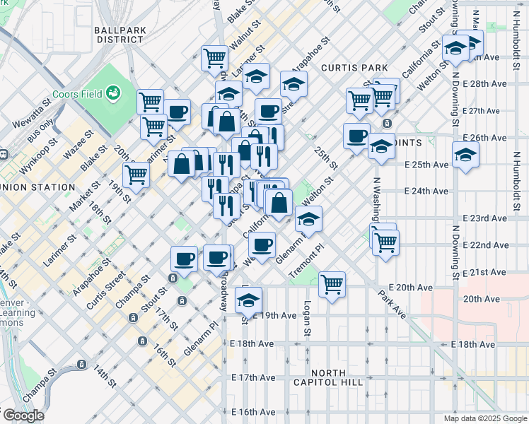 map of restaurants, bars, coffee shops, grocery stores, and more near 2215 California Street in Denver