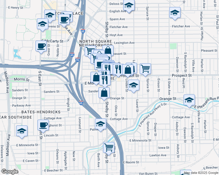 map of restaurants, bars, coffee shops, grocery stores, and more near 1130 Olive Street in Indianapolis