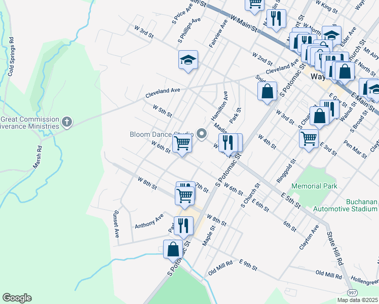 map of restaurants, bars, coffee shops, grocery stores, and more near 435 Hamilton Avenue in Waynesboro
