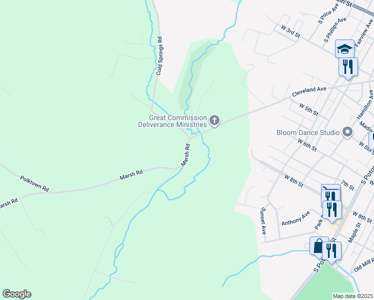 map of restaurants, bars, coffee shops, grocery stores, and more near 6395 Marsh Road in Waynesboro