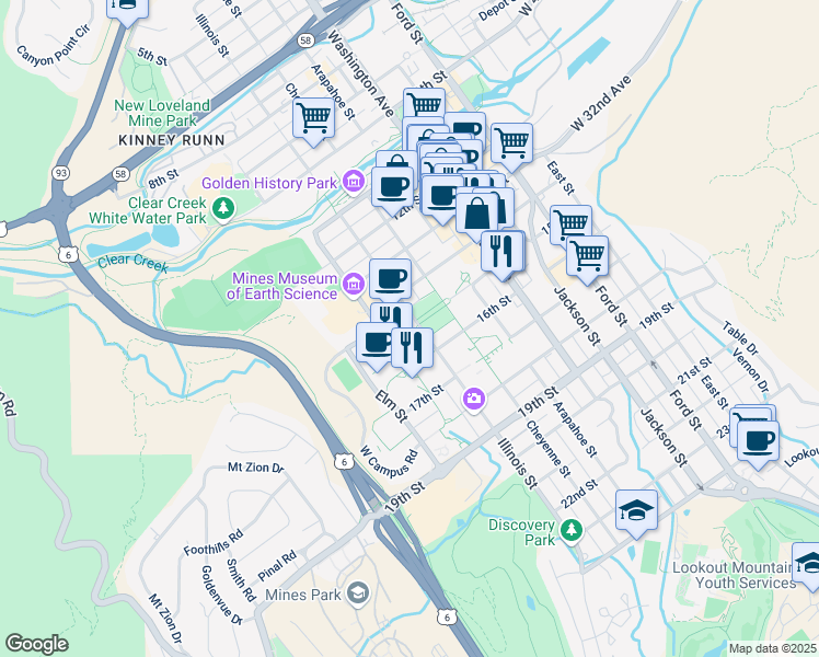 map of restaurants, bars, coffee shops, grocery stores, and more near 1500 Illinois Street in Golden