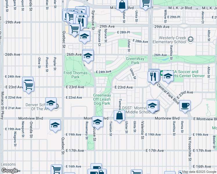 map of restaurants, bars, coffee shops, grocery stores, and more near 7820 East 23rd Avenue in Denver