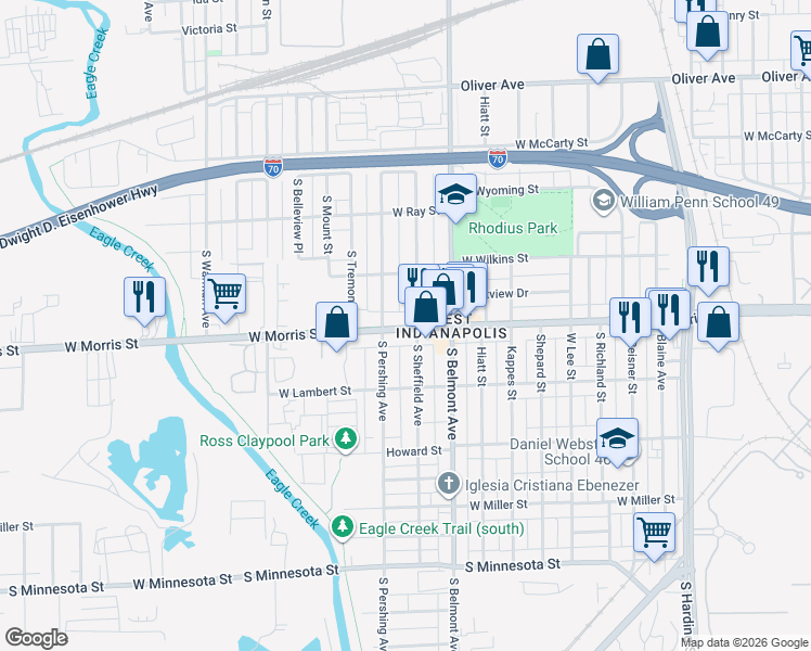map of restaurants, bars, coffee shops, grocery stores, and more near 2210 West Morris Street in Indianapolis