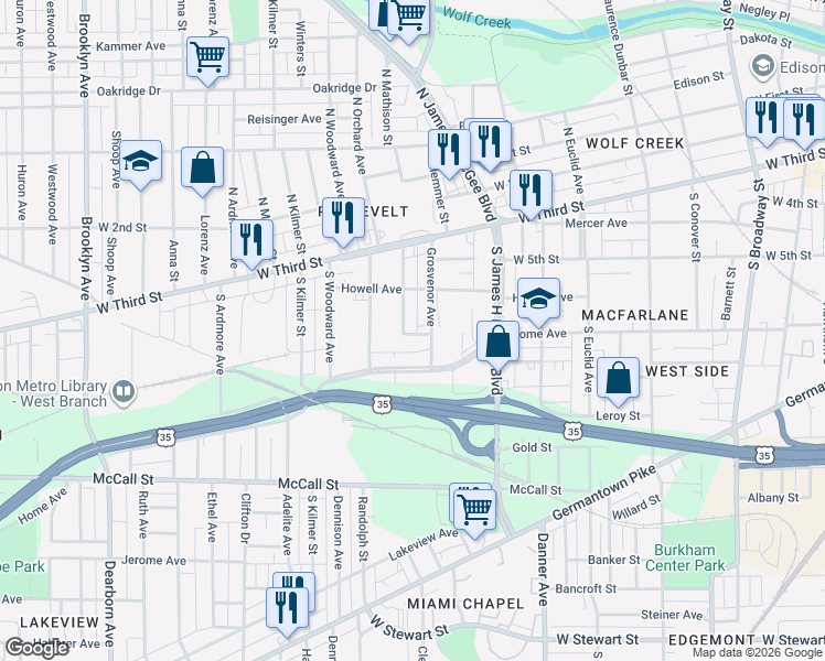 map of restaurants, bars, coffee shops, grocery stores, and more near 122 South Mathison Street in Dayton