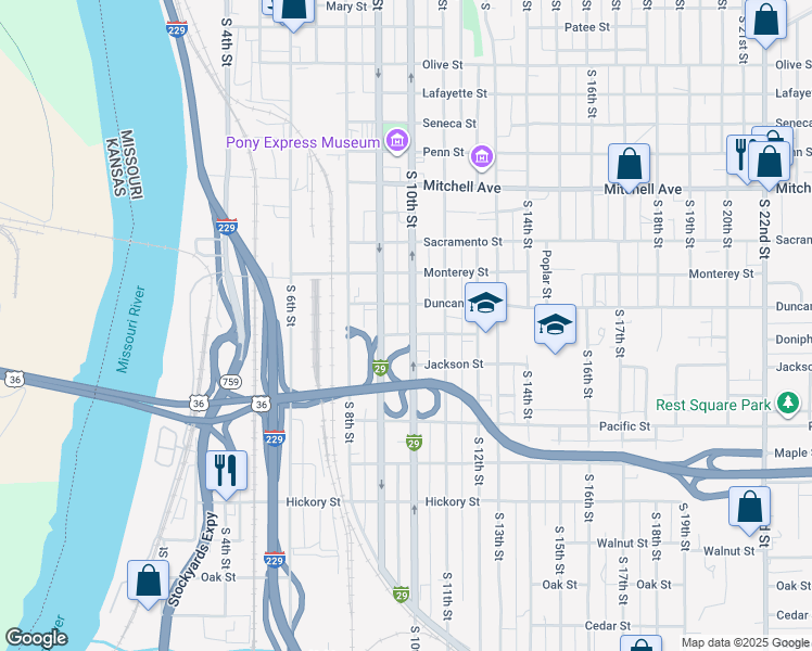 map of restaurants, bars, coffee shops, grocery stores, and more near 1702 South 10th Street in Saint Joseph