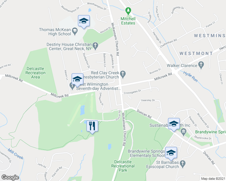 map of restaurants, bars, coffee shops, grocery stores, and more near 603 Cranhill Drive in Wilmington