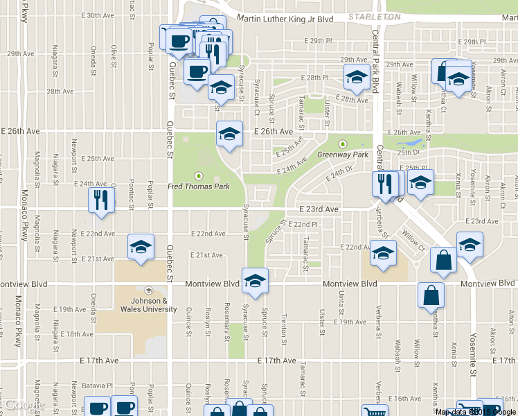 map of restaurants, bars, coffee shops, grocery stores, and more near 2290 Syracuse Street in Denver