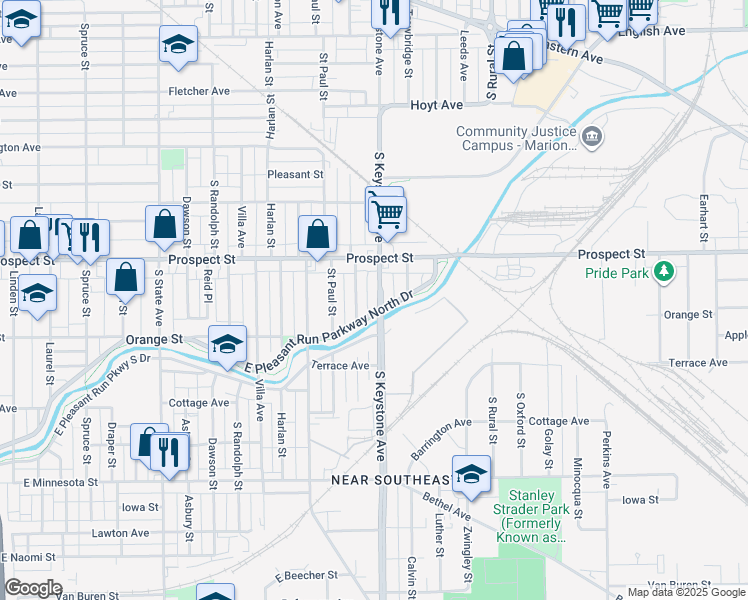 map of restaurants, bars, coffee shops, grocery stores, and more near 1135 South Keystone Avenue in Indianapolis