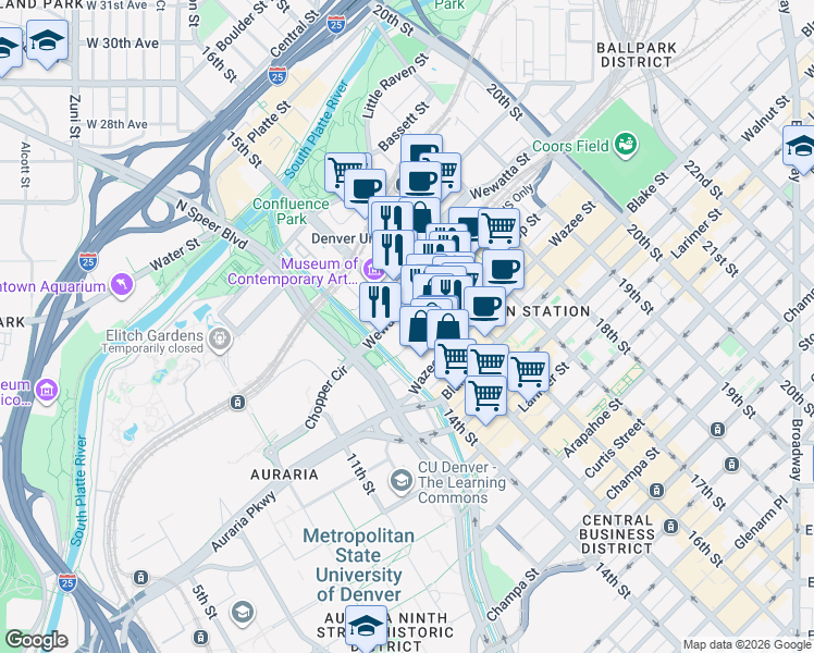 map of restaurants, bars, coffee shops, grocery stores, and more near 1480 Wewatta Street in Denver