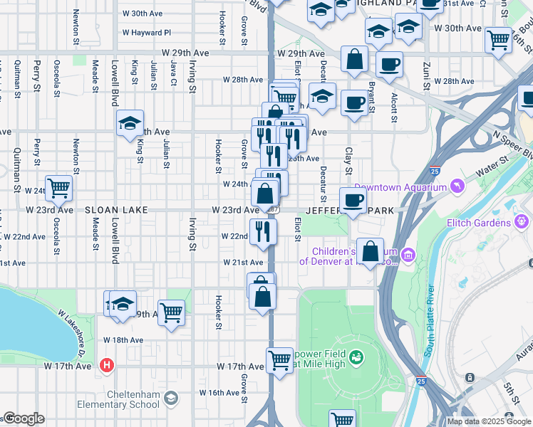 map of restaurants, bars, coffee shops, grocery stores, and more near 2311 Federal Boulevard in Denver