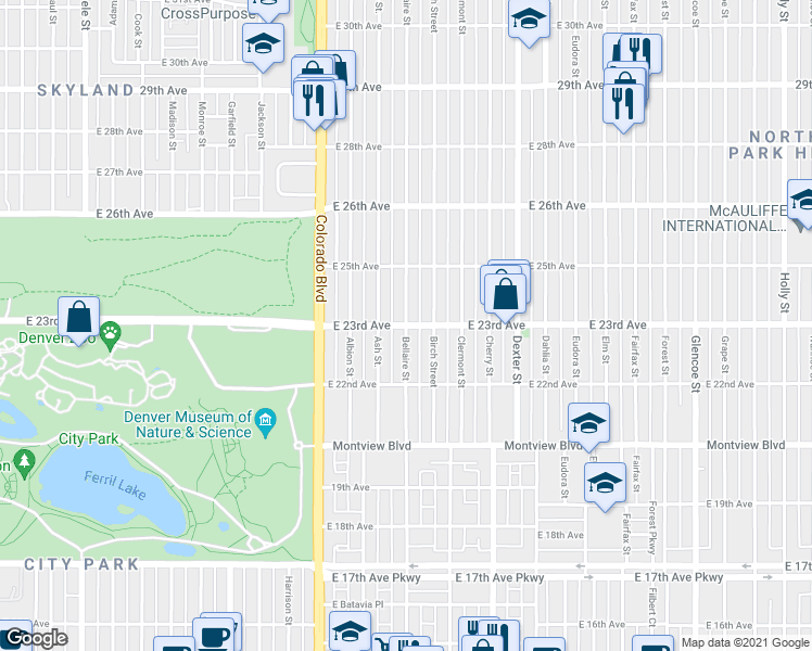 map of restaurants, bars, coffee shops, grocery stores, and more near East 23rd Avenue & Bellaire Street in Denver