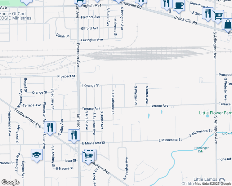 map of restaurants, bars, coffee shops, grocery stores, and more near 5435 East Orange Street in Indianapolis