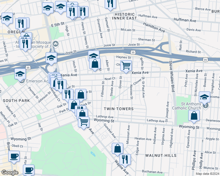 map of restaurants, bars, coffee shops, grocery stores, and more near 613 Steele Avenue in Dayton