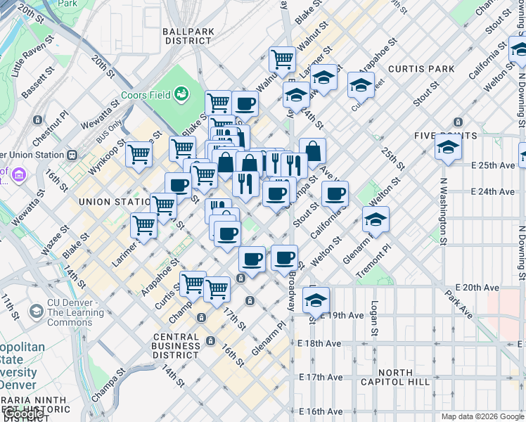 map of restaurants, bars, coffee shops, grocery stores, and more near 951 20th Street in Denver