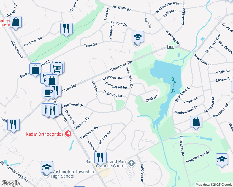 map of restaurants, bars, coffee shops, grocery stores, and more near 15 Sommerset Road in Washington Township