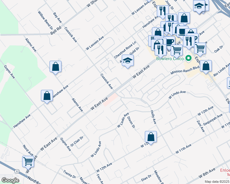 map of restaurants, bars, coffee shops, grocery stores, and more near W East Ave & Cussick Ave in Chico