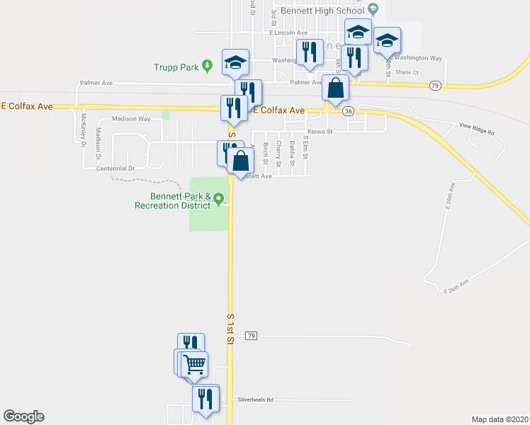 map of restaurants, bars, coffee shops, grocery stores, and more near 47339 Clover Avenue in Bennett