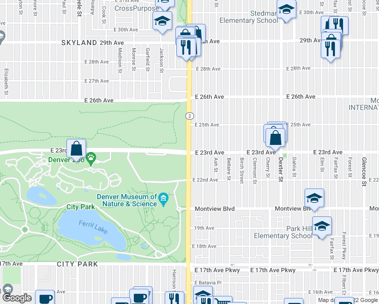 map of restaurants, bars, coffee shops, grocery stores, and more near 2300 Highway 2 in Denver