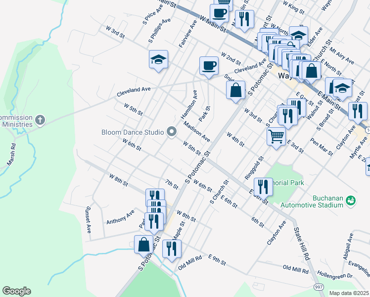 map of restaurants, bars, coffee shops, grocery stores, and more near 132 West 5th Street in Waynesboro