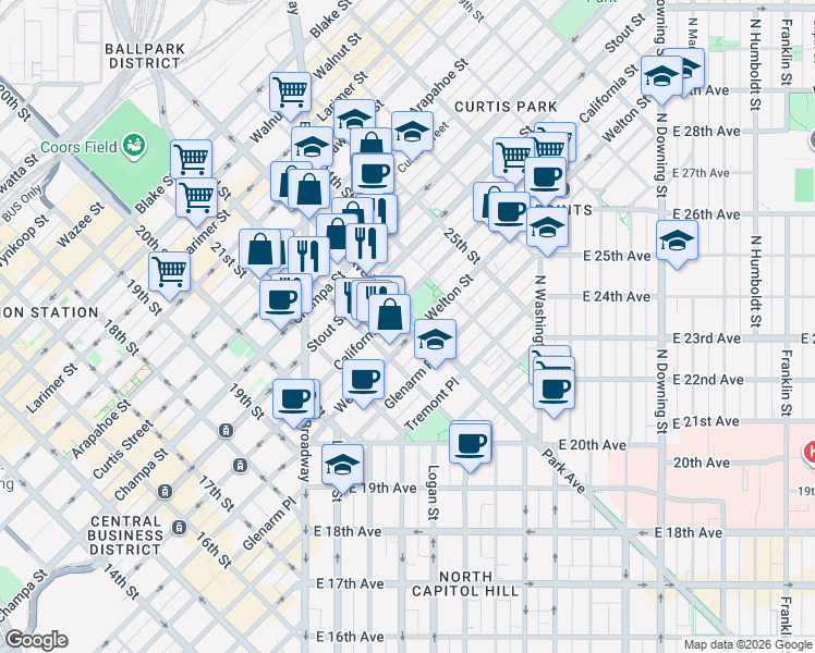 map of restaurants, bars, coffee shops, grocery stores, and more near 2260 California Street in Denver