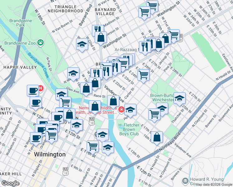 map of restaurants, bars, coffee shops, grocery stores, and more near 64 East 22nd Street in Wilmington