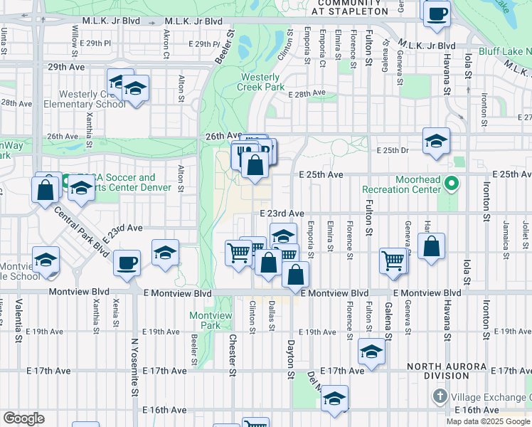 map of restaurants, bars, coffee shops, grocery stores, and more near 9301-9599 E 23rd Ave in Aurora