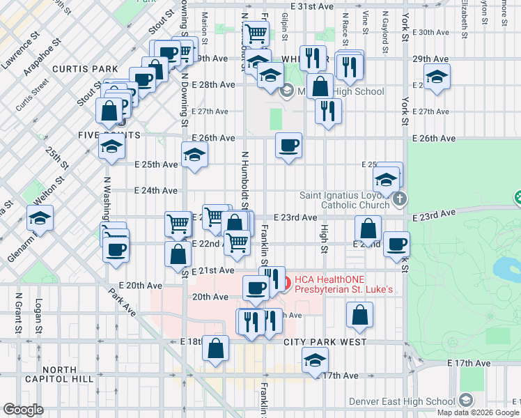 map of restaurants, bars, coffee shops, grocery stores, and more near 2341 Franklin Street in Denver