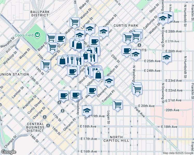 map of restaurants, bars, coffee shops, grocery stores, and more near 2215 California Street in Denver