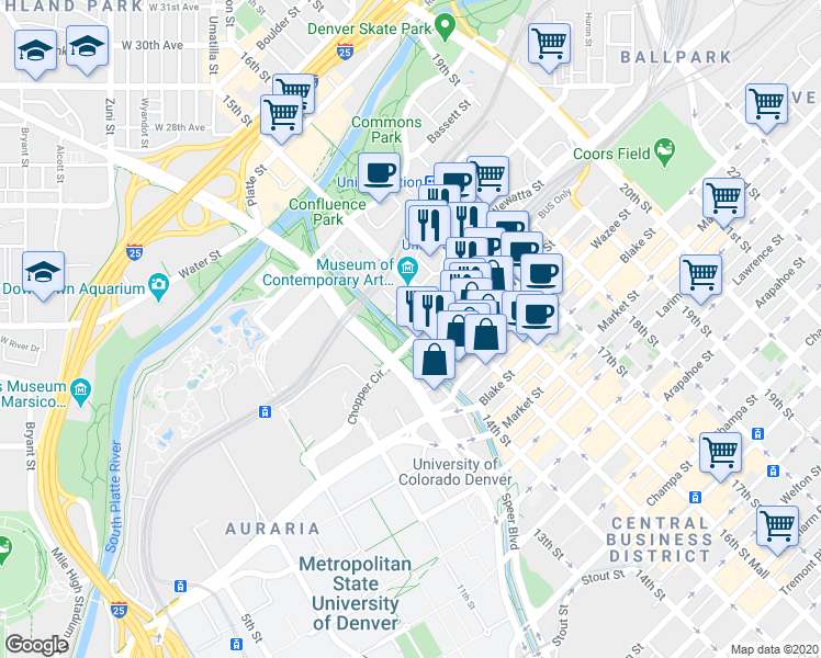 map of restaurants, bars, coffee shops, grocery stores, and more near 1422 Delgany Street in Denver