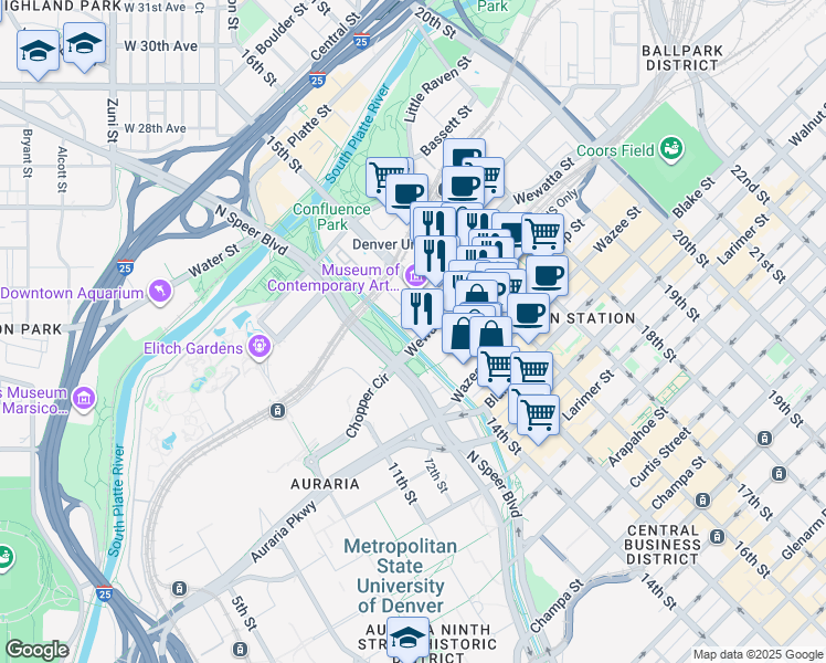 map of restaurants, bars, coffee shops, grocery stores, and more near 1422 Delgany Street in Denver