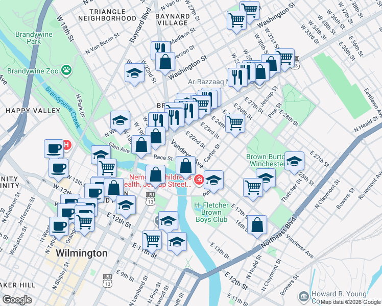map of restaurants, bars, coffee shops, grocery stores, and more near 64 East 22nd Street in Wilmington