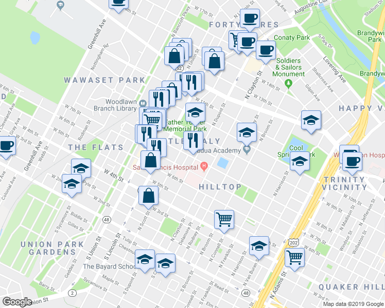 map of restaurants, bars, coffee shops, grocery stores, and more near 813 North Dupont Street in Wilmington