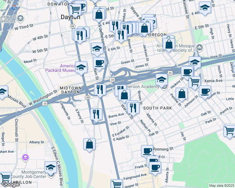 map of restaurants, bars, coffee shops, grocery stores, and more near 708 South Jefferson Street in Dayton