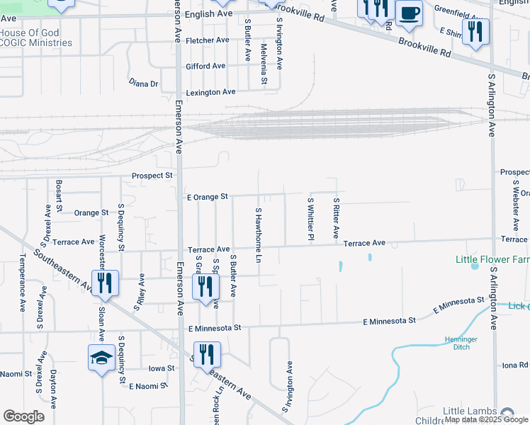 map of restaurants, bars, coffee shops, grocery stores, and more near 5435 East Orange Street in Indianapolis
