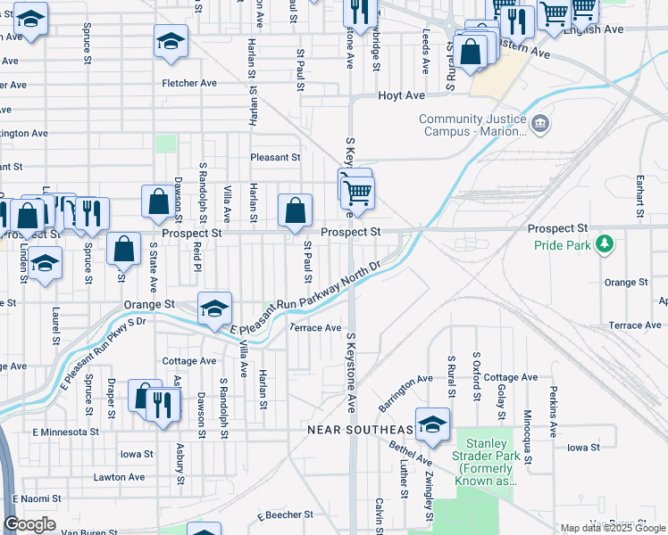 map of restaurants, bars, coffee shops, grocery stores, and more near 1126 Saint Peter Street in Indianapolis